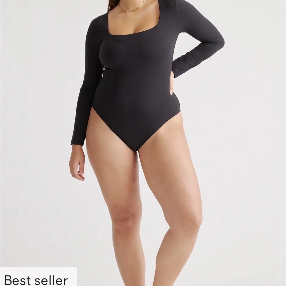 Quince Square Neck Long Sleeve Bodysuit in Black Size Small r252